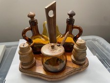 Vintage Amber Glass oil vinegar cruet set with wooden stand Mustard salt pepper