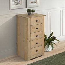 Panama Chest of Drawers 5 Drawer Tall Narrow Solid Pine Wood Waxed Oak Finish