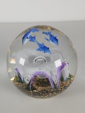 Sigris Natura A Blue And Gold Art Glass Paperweight Featuring Fish