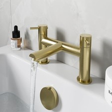 Brushed Brass Bath Mixer Tap Deck Mounted Round Twin Handle Modern Tap