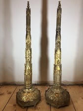 Antique Pair Of English Gothic B Days Patent Brass Chimney Pots Fire Screens