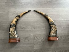 Vintage Pair Carved Buffalo Horn Dragon Sculpture with Wooden Bases 