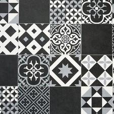 Moroccan Lino Flooring Black Grey Patchwork Kitchen Tiles Foam Sheet Vinyl Roll