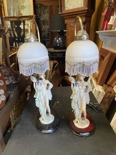 Beautiful Vintage Art Deco Lady Peacock Table  Lamps With Glass Shades Matching