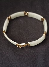 14k Solid Gold Curved Light Green Jade Panel 7" Bracelet
