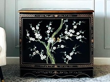 Oriental Chinese Black Lacquer Two Door Cabinet with Hand Painted Blossom Design