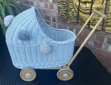 Wicker & Wood Dolls Pushchair Pram With Pom Pom Detail Light Grey