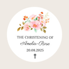 Personalised Round Christening / Baptism Stickers Labels Pink Flowers 37mm