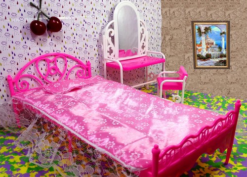 Kids toy pink bed - 1:6, &