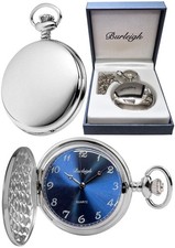 Burleigh Full Hunter Pocket Watch, Quartz Chrome Blue Face Free Engraving (1254)