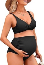 Charmo High Waisted Maternity Swimsuit Bikini Set V Neck Pregnancy Bathing Suits