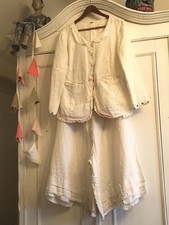 EWA I WALLA Gorgeous Warm Ivory Linen Jacket & Trousers Size M Red Detail