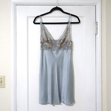 Vintage Christine Lingerie Sheer Floral Lace Blue Silk Slip Nightie S Sexy