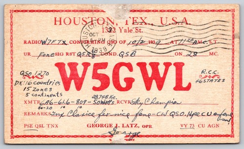 1939 houston texas w5gwl - houston, qsl