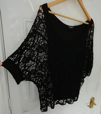 Luca Vanucci Made in Italy O/S Black Crochet Style Lagenlook Blouse Top Lined