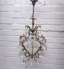 Antique French Brass Ormolu Chandelier Crystal Droplets Single Lamp 29" Drop