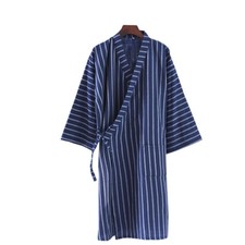 Japanese Kimono Yukata Men Cotton 3/4 Sleeve Stripe Bathrobe Sleepwear Home Soft