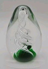 large egg shape Art Glass paperweight controlled bubble Swirl Green 11cms tall