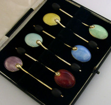 ENGLISH STERLING SILVER GILT ENAMEL COFFEE BEAN SPOONS 1956 CASED ART DECO