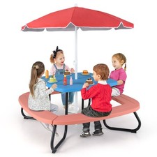 COSTWAY Kids Picnic Table HDPE Outdoor Table w/Height Adjustable Umbrella-Blue