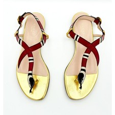 Gucci Yoko Sandals 37.5 UK4.5 US7.5 Snake Gold Red T-Strap Flat Leather Calfskin