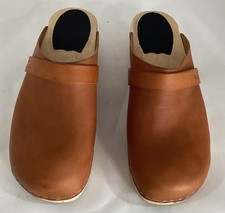 HASBEENS (40/9) Gold Tan Leather Slip-On Wooden Clog Shoe Sweden Strap EUC
