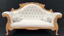 CHARLES WEDDING DOUBLE CHAISE LONGUE SOFA GOLD LEAF WHITE FAUX LEATHER CRYSTALS