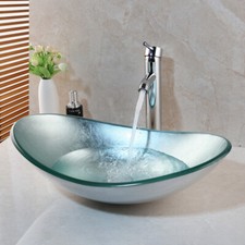 Tempered Glass Bathroom Sinks Deck Mount Oval Bowl With Chrome Mixer Taps Faucet
