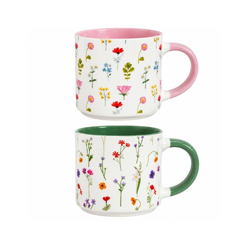 Floral mugs set stackable - floral, 2