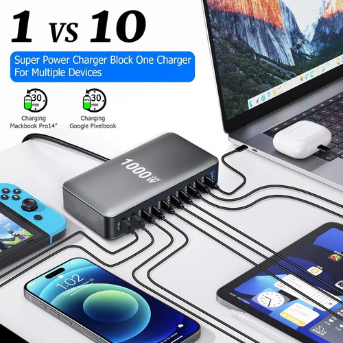 Gan 1000w port usb - 8-port, usb-c