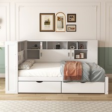 Single Bed with Bookcase Multifunctional Wooden Bed Frame with 2 Drawers Storage