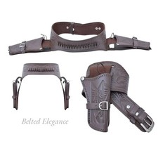 Cowboy Western Revolver Double Gun Holster Belt Brown Embossed Genuine Leather