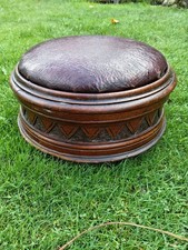 Large Victorian Antique Leather Topped Foot Stool with Storage Pokerwork Carved