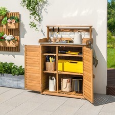 Outdoor Potting Bench with Metal Countertop 3 Storage Hooks Natural Wood Finish