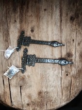 2) IRON BLACK  CABINET HINGES ORNATE 9" X 4.5" STRAP T HAMMERED FINISH HARDWARE