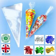 CLEAR CELLO CONE LARGE BAGS SWEET TREAT CANDY KID PARTY FAVOUR CELLOPHANE + TIES