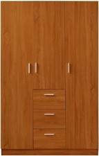 Large Oak Effect 3-Door Wardrobe with 3 Drawers & Hanging Rail Storage