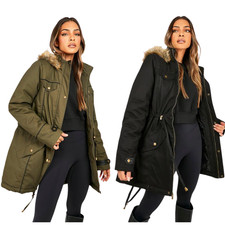Ladies Winter Parka Coat Faux Fur Hood Warm Padded Military Jacket Plus Size