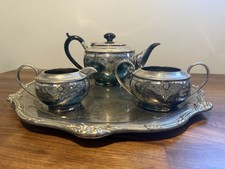 Antique Silver Plated Tea Set – EPBM 3895, Teapot, Sugar & Creamer with Tray