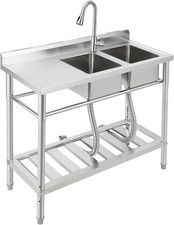 Utility Stainless Steel Kitchen 2 Bowl Sink Freestanding W/ Faucet Drainboard