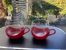 60s 70s Vintage Retro Kitsch pyrex & red plastic holders drinkup cups / mugs