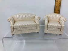 Dollhouse BESPAQ Living Rm. CLUB CHAIR 3" + COUCH 3 x 5" Miniature VTG Set IVORY
