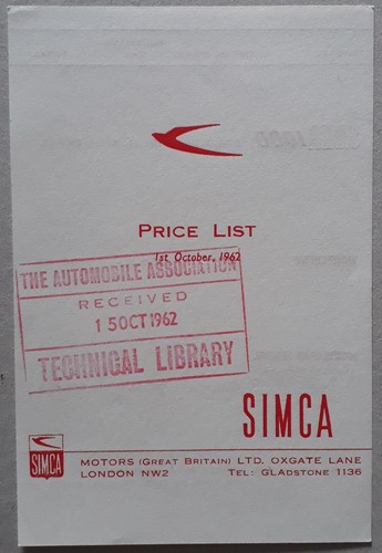 Simca price list brochure 1962 - simca,