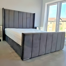 Double Winged Panel Bed Frame Plush Velvet Upholstered Ottoman Gas Lift Storage