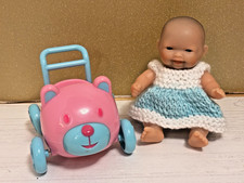 5" Itty Bitty Berenguer Doll (preloved) with New Dress & Push Car Toy