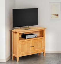 Corner TV Stand, Small Oak Wooden Media TV Cabinet with Shelf & Cupboard