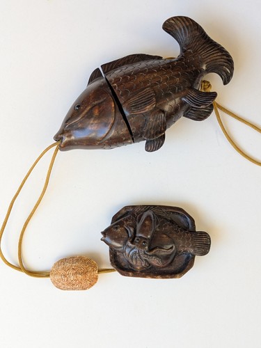 Vintage wooden carp inro - carp,