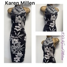 KAREN MILLEN Uk10 EU38 Black Oriental Chinese Floral Halterneck Cocktail Dress