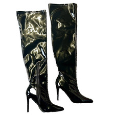 Black Patent PU Over the Knee Thigh Boots Stiletto Heel Pointed Toe, UK 9 EU 43