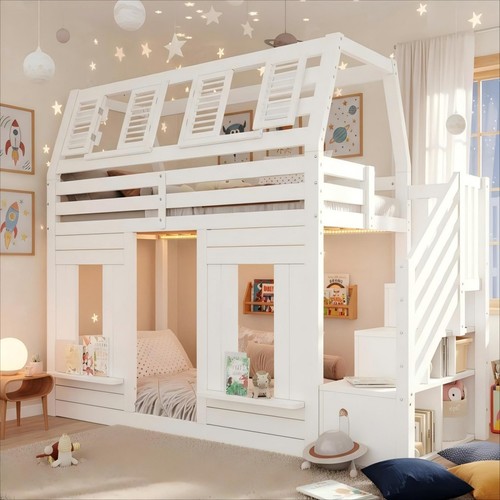 Wooden house bunk bed - 3ft, w/